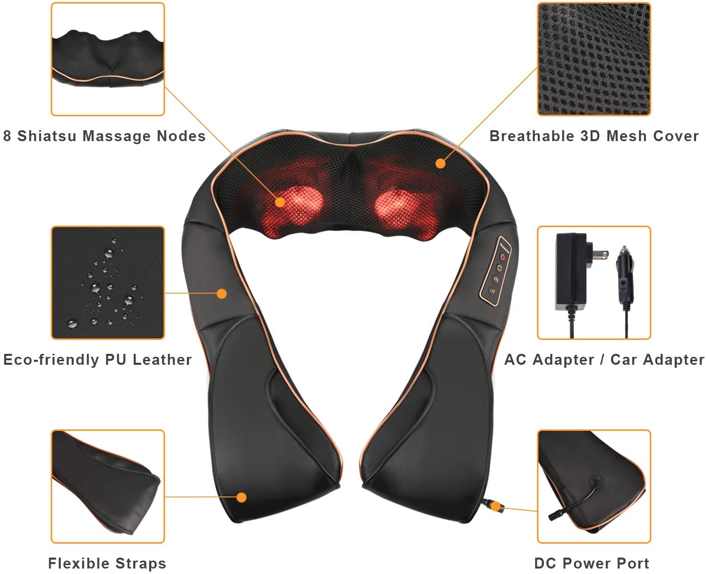 Coussin de massage shiatsu avec chaleur pour la nuque, les épaules et le dos (V2)