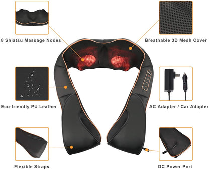 Coussin de massage shiatsu avec chaleur pour la nuque, les épaules et le dos (V2)