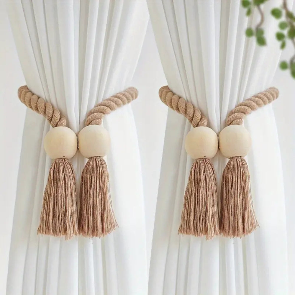 Embrasses de rideaux avec perles en bois et pompons | lot de 2