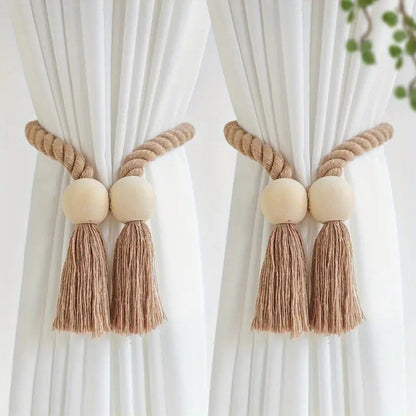 Embrasses de rideaux avec perles en bois et pompons | lot de 2