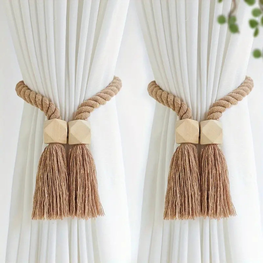 Embrasses de rideaux avec perles en bois et pompons | lot de 2