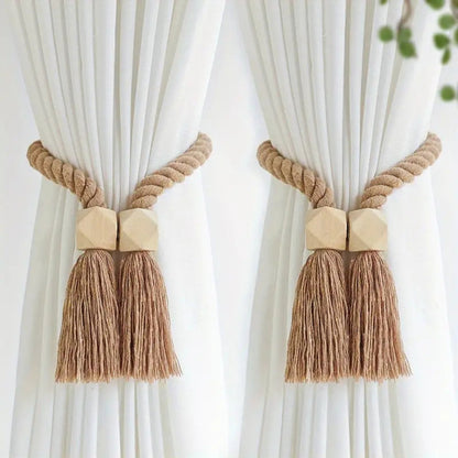 Embrasses de rideaux avec perles en bois et pompons | lot de 2
