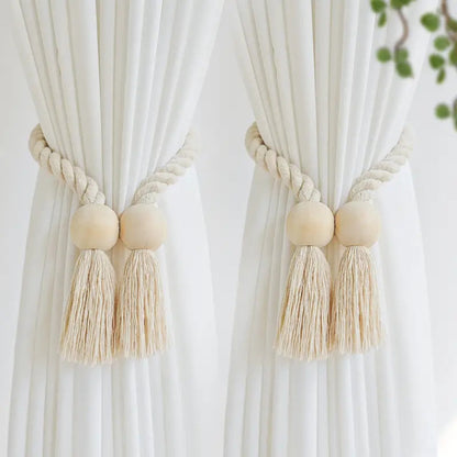 Embrasses de rideaux avec perles en bois et pompons | lot de 2