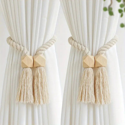 Embrasses de rideaux avec perles en bois et pompons | lot de 2