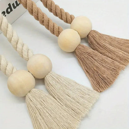 Embrasses de rideaux avec perles en bois et pompons | lot de 2