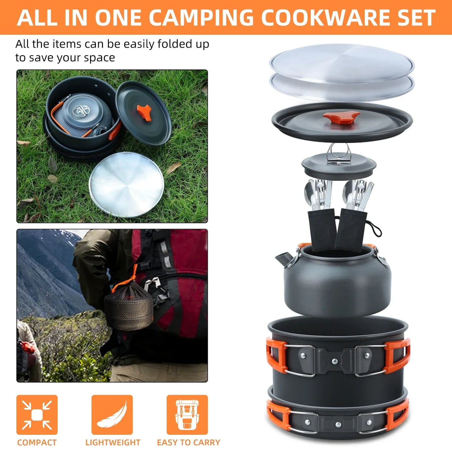 Ensemble d’ustensiles et de vaisselle de camping, 17 pièces