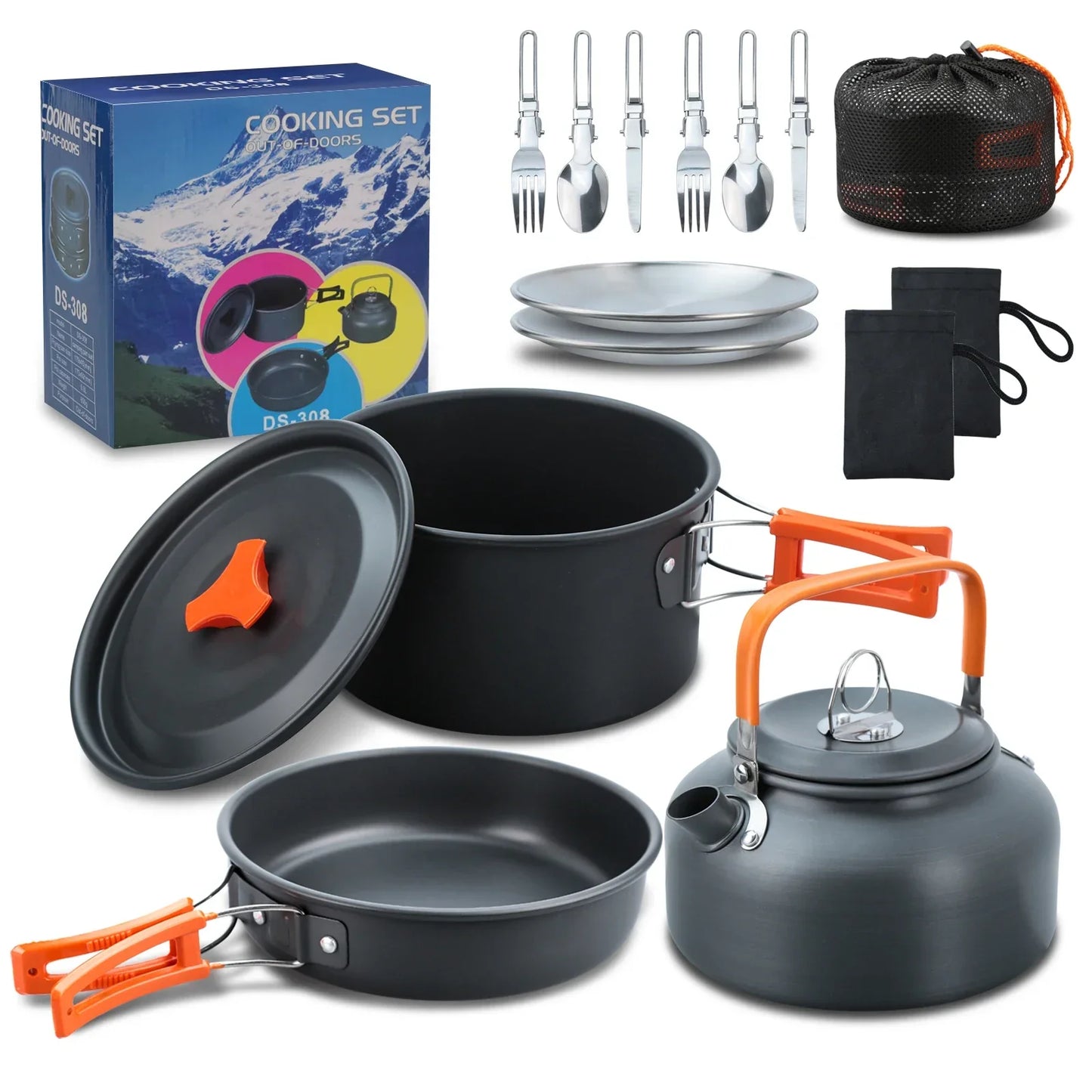 Ensemble d’ustensiles et de vaisselle de camping, 17 pièces