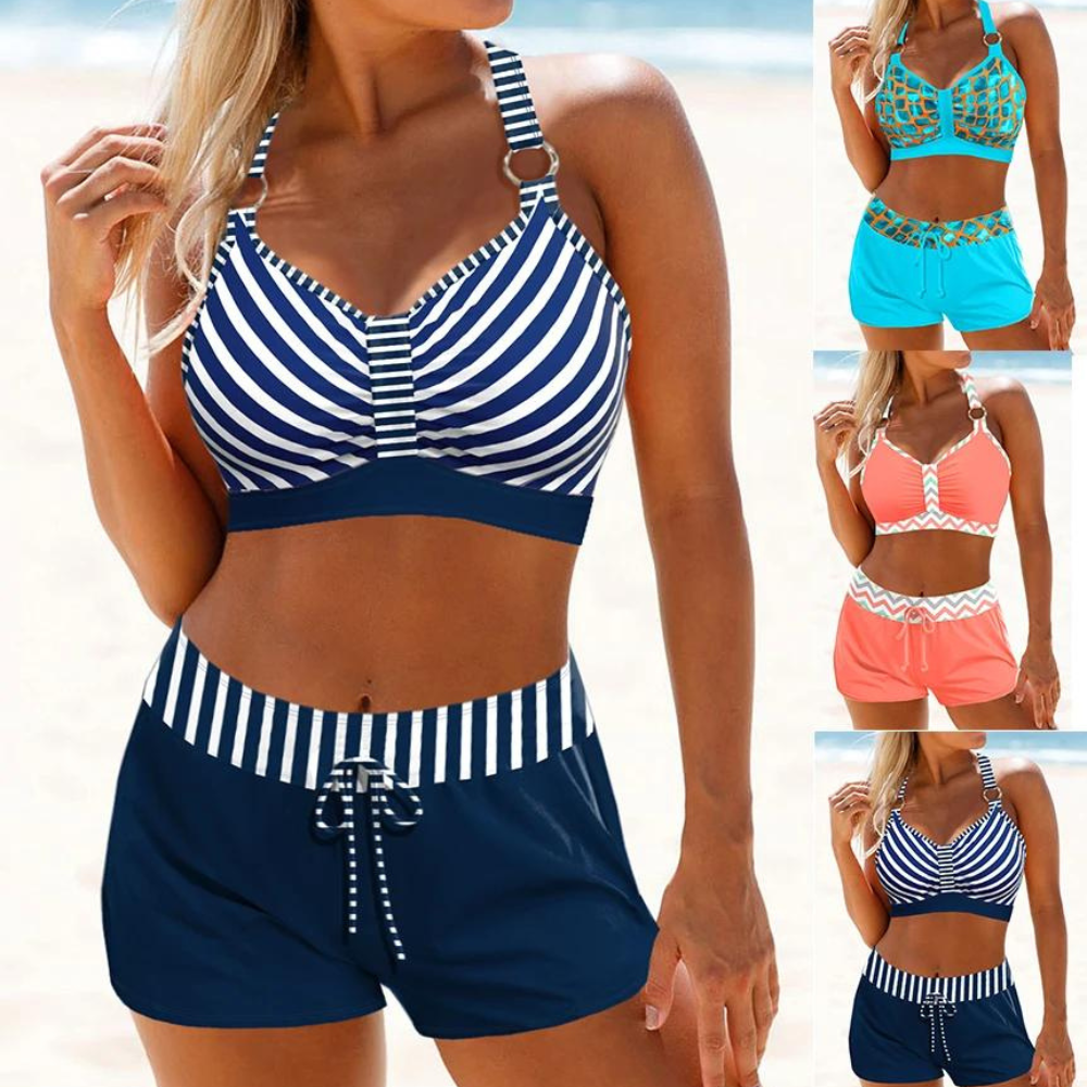 Ensemble de bain rayé marin avec short pour femme
