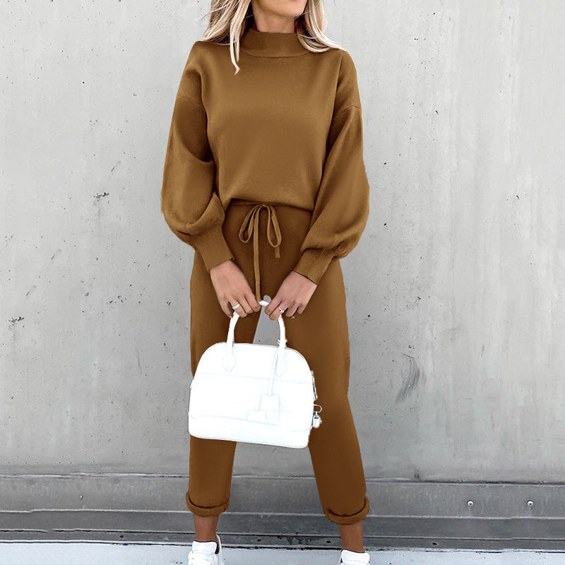 Ensemble de détente en maille pour femme - taille à cordon de serrage