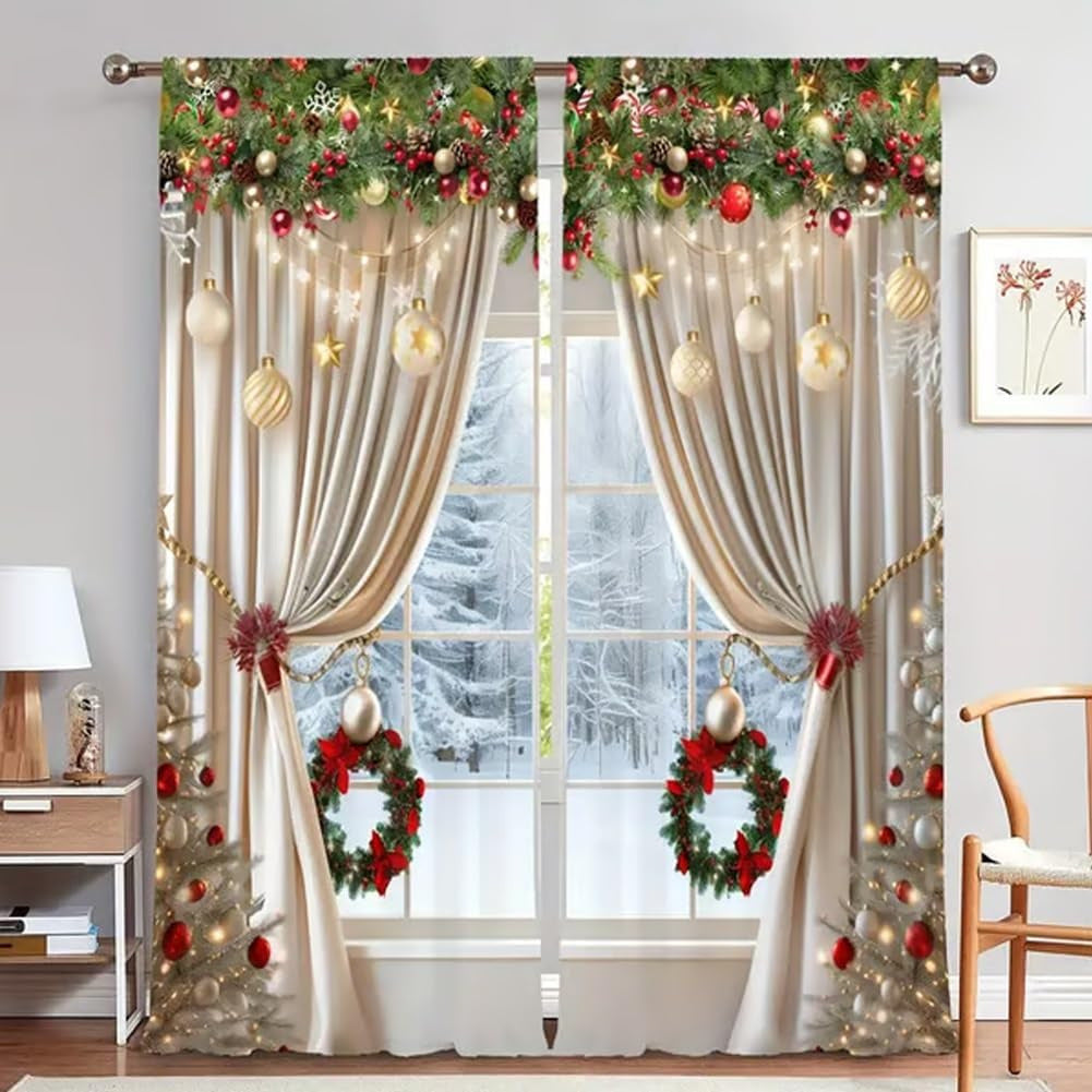 Ensemble de rideaux de fenêtre de Noël à motif festif en polyester