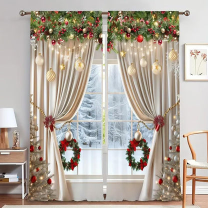 Ensemble de rideaux de fenêtre de Noël à motif festif en polyester