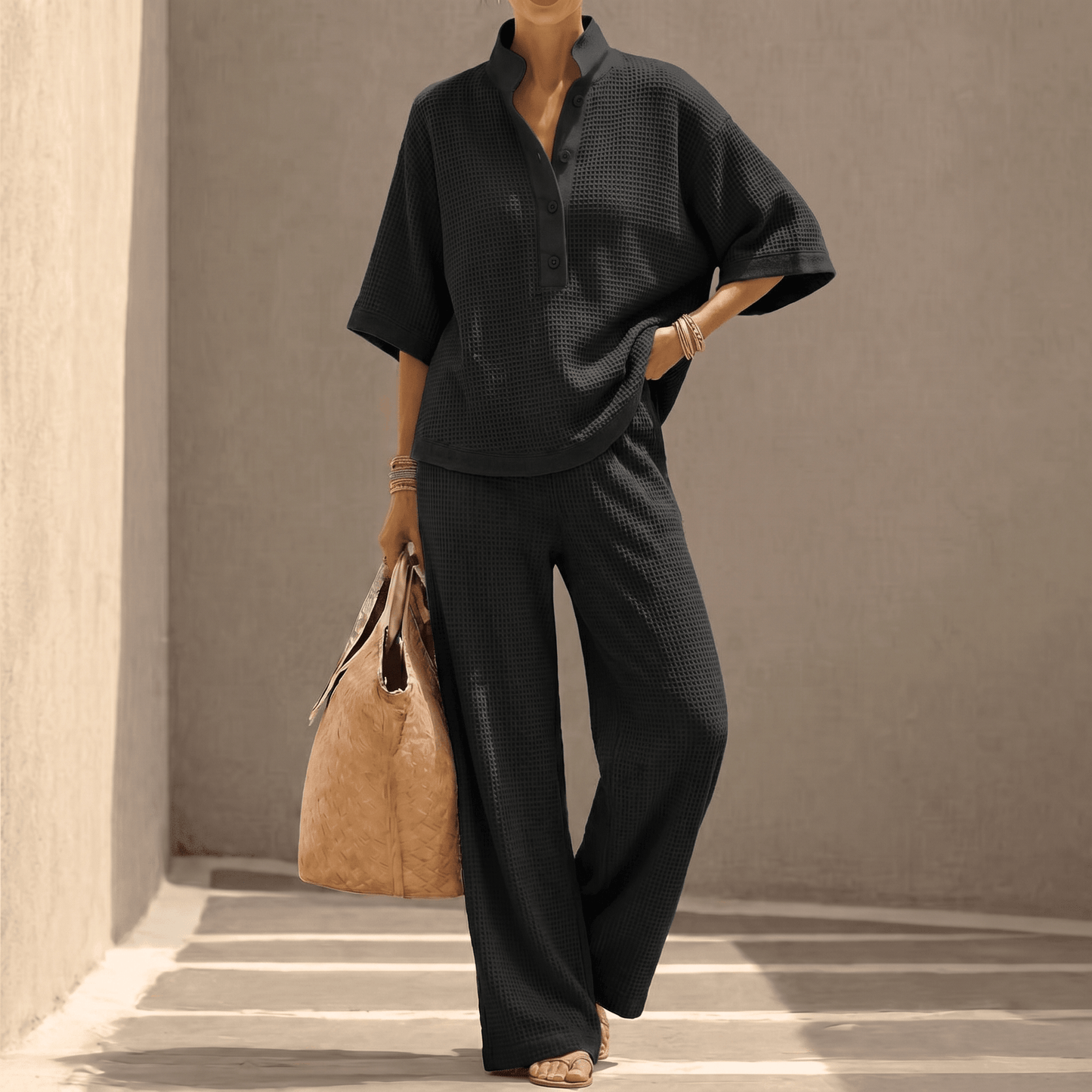 Ensemble deux pièces en maille gaufrée pour femme