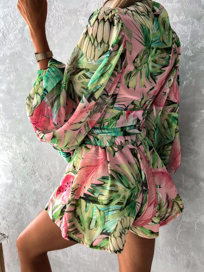 Ensemble deux pièces femme à imprimé tropical avec top cache-cœur