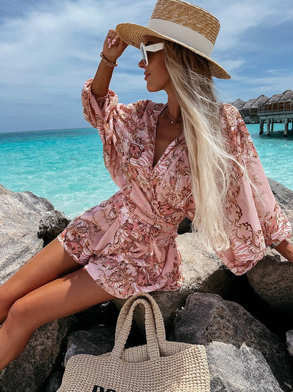 Ensemble deux pièces femme à imprimé tropical avec top cache-cœur