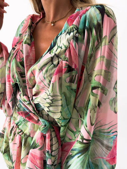 Ensemble deux pièces femme à imprimé tropical avec top cache-cœur