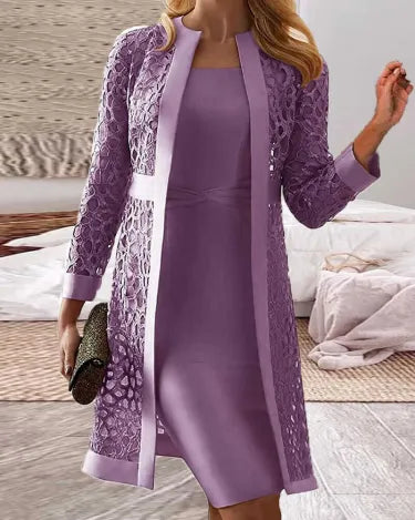 Ensemble deux pièces femme: robe et cardigan en dentelle
