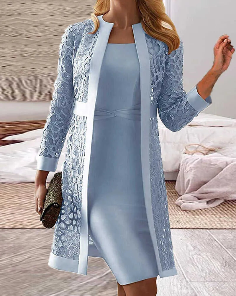 Ensemble deux pièces femme: robe et cardigan en dentelle
