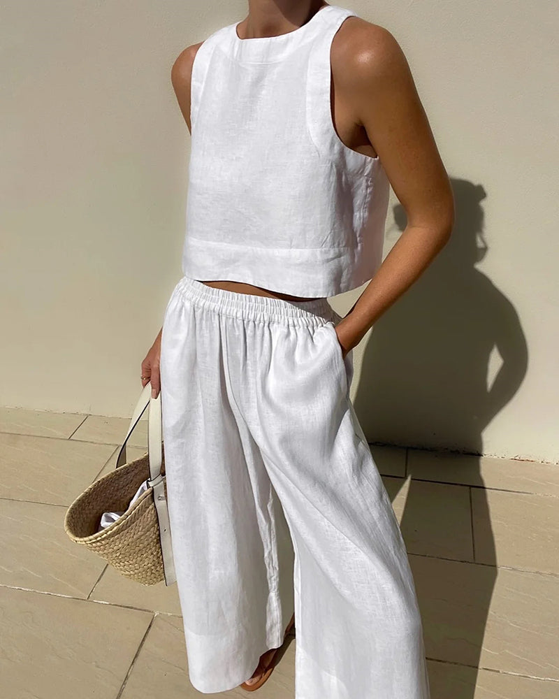 Ensemble deux pièces femme top court sans manches et pantalon large