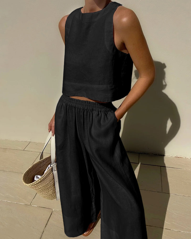 Ensemble deux pièces femme top court sans manches et pantalon large