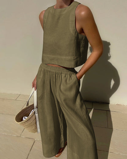 Ensemble deux pièces femme top court sans manches et pantalon large
