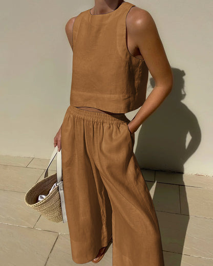 Ensemble deux pièces femme top court sans manches et pantalon large