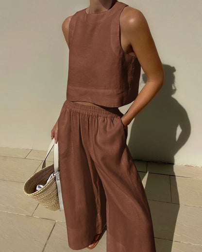 Ensemble deux pièces femme top court sans manches et pantalon large