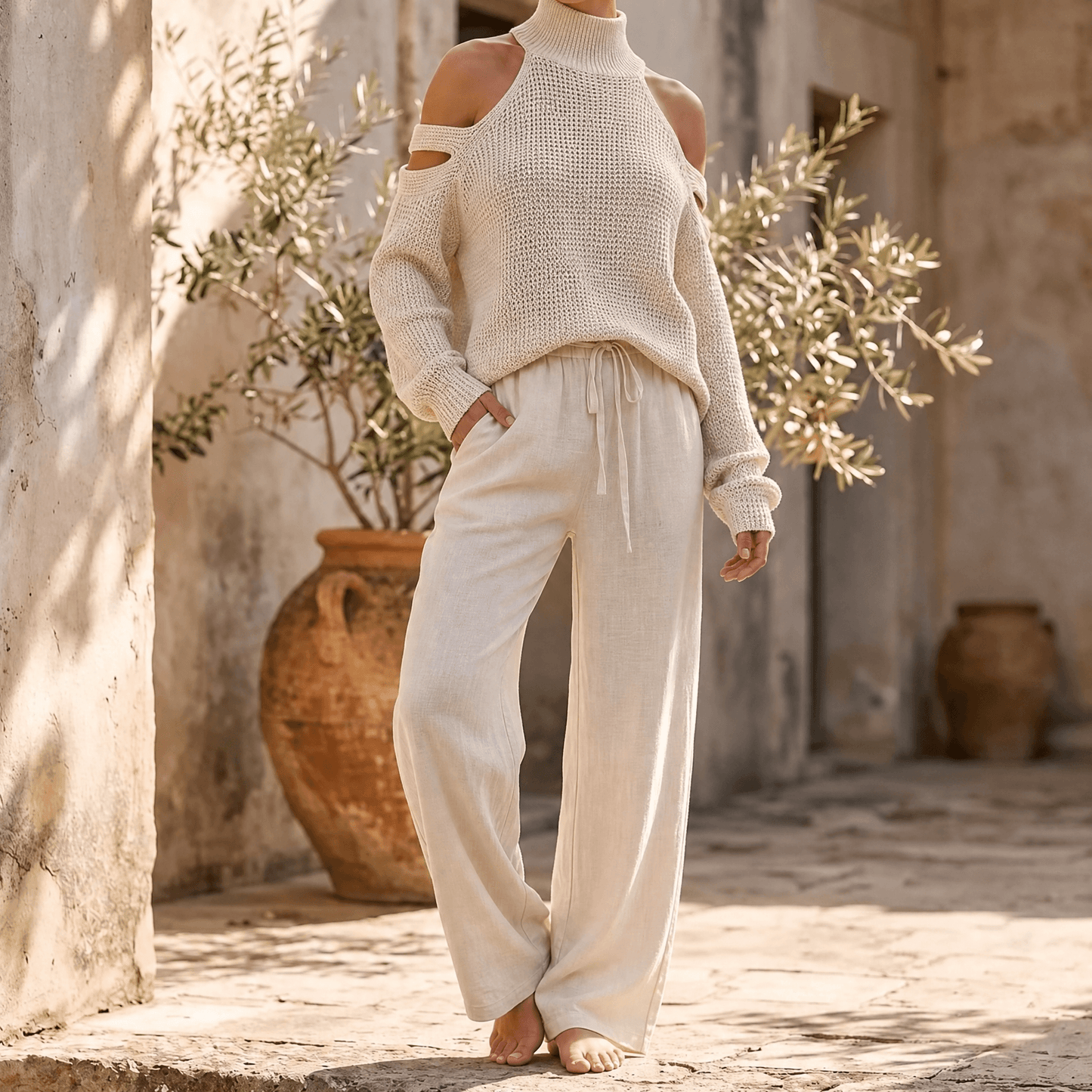 Ensemble femme pull en maille à épaules dénudées et pantalon à jambes larges