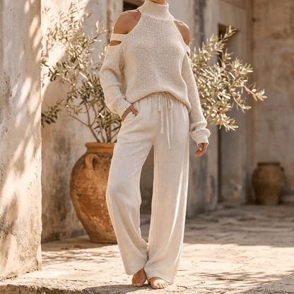 Ensemble femme pull en maille à épaules dénudées et pantalon à jambes larges