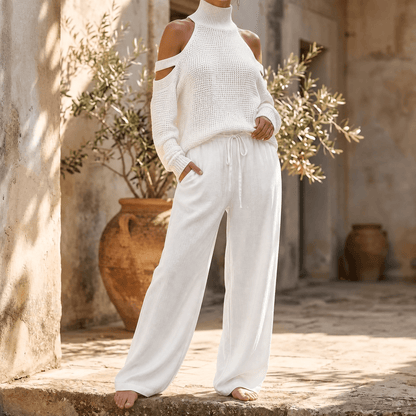 Ensemble femme pull en maille à épaules dénudées et pantalon à jambes larges