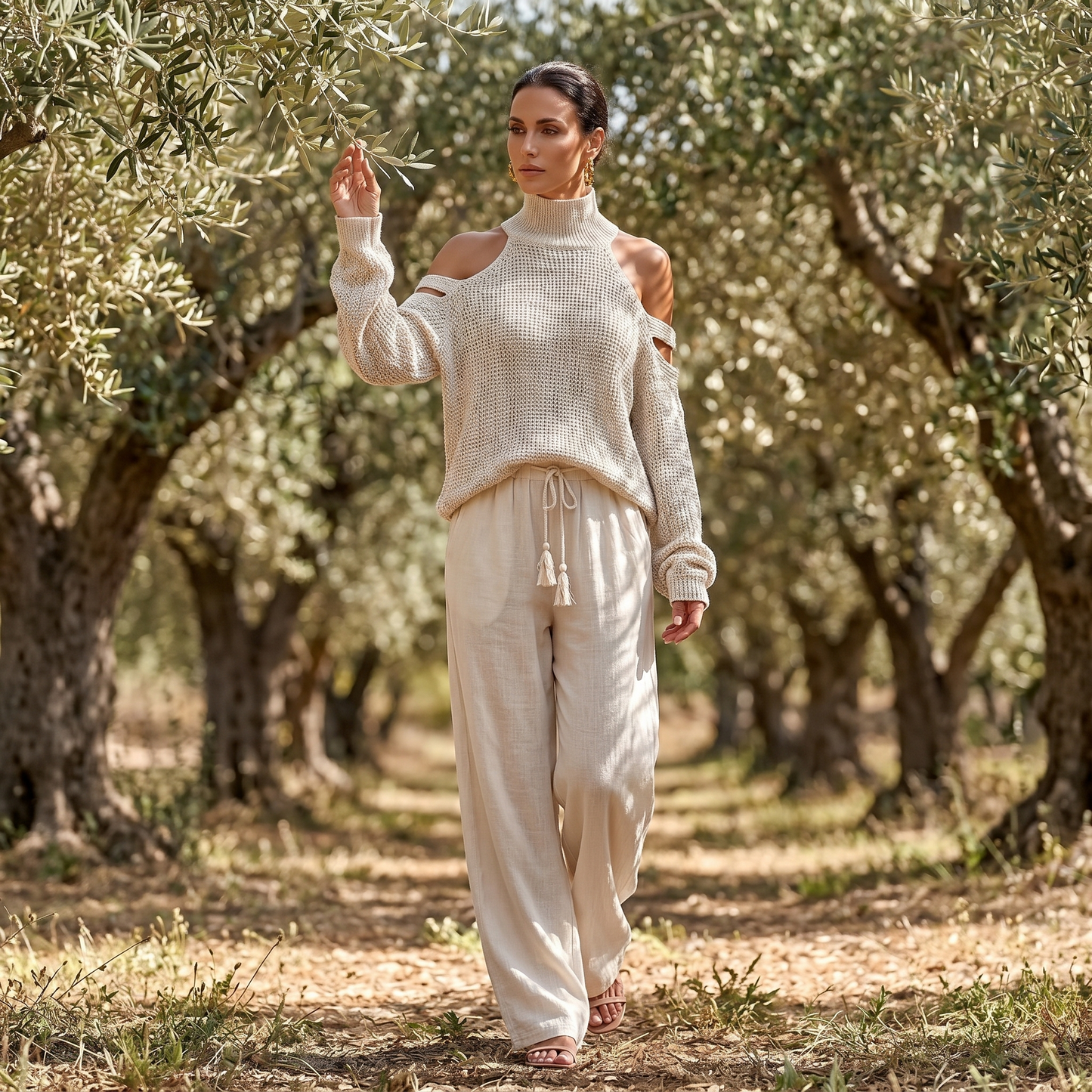 Ensemble femme pull en maille à épaules dénudées et pantalon à jambes larges