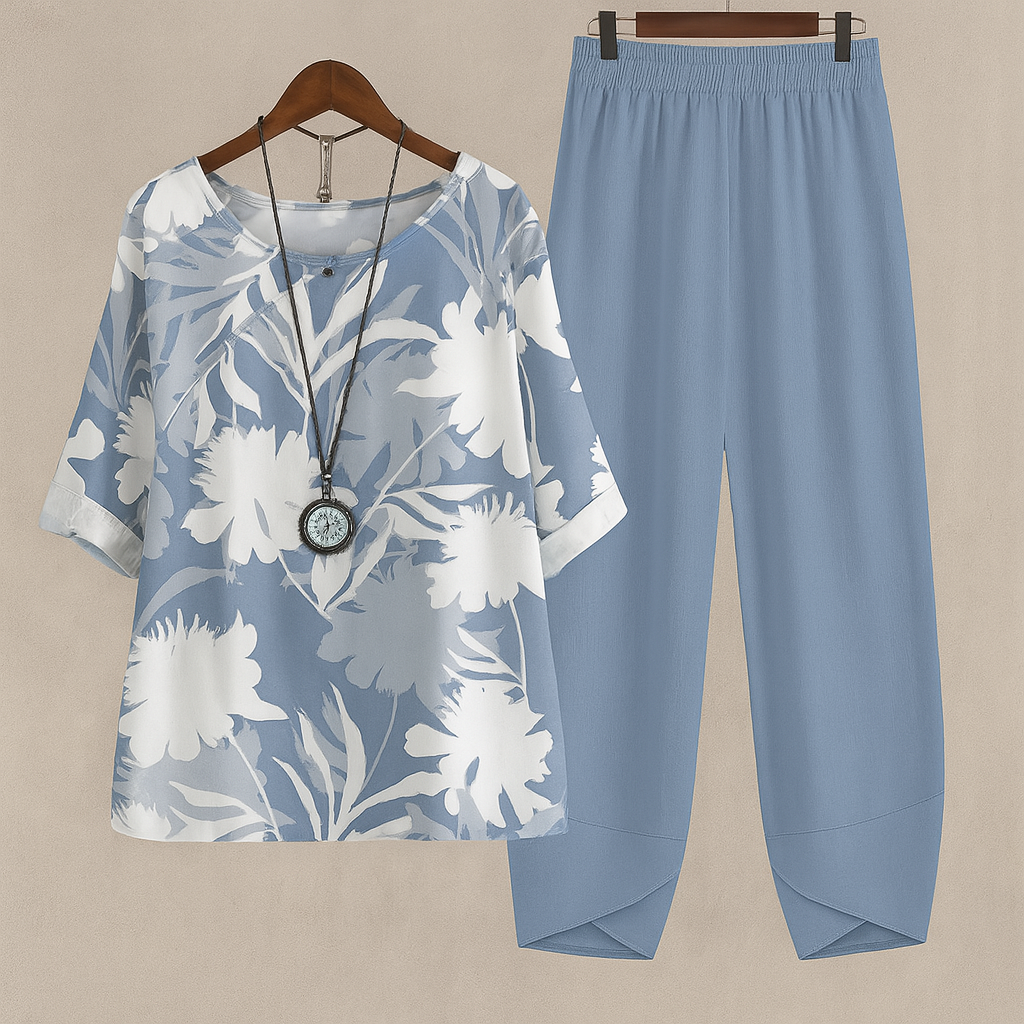 Ensemble pantalon en mélange de lin à imprimé fleuri