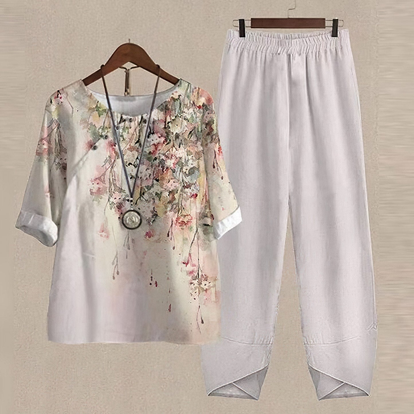 Ensemble pantalon en mélange de lin à imprimé fleuri