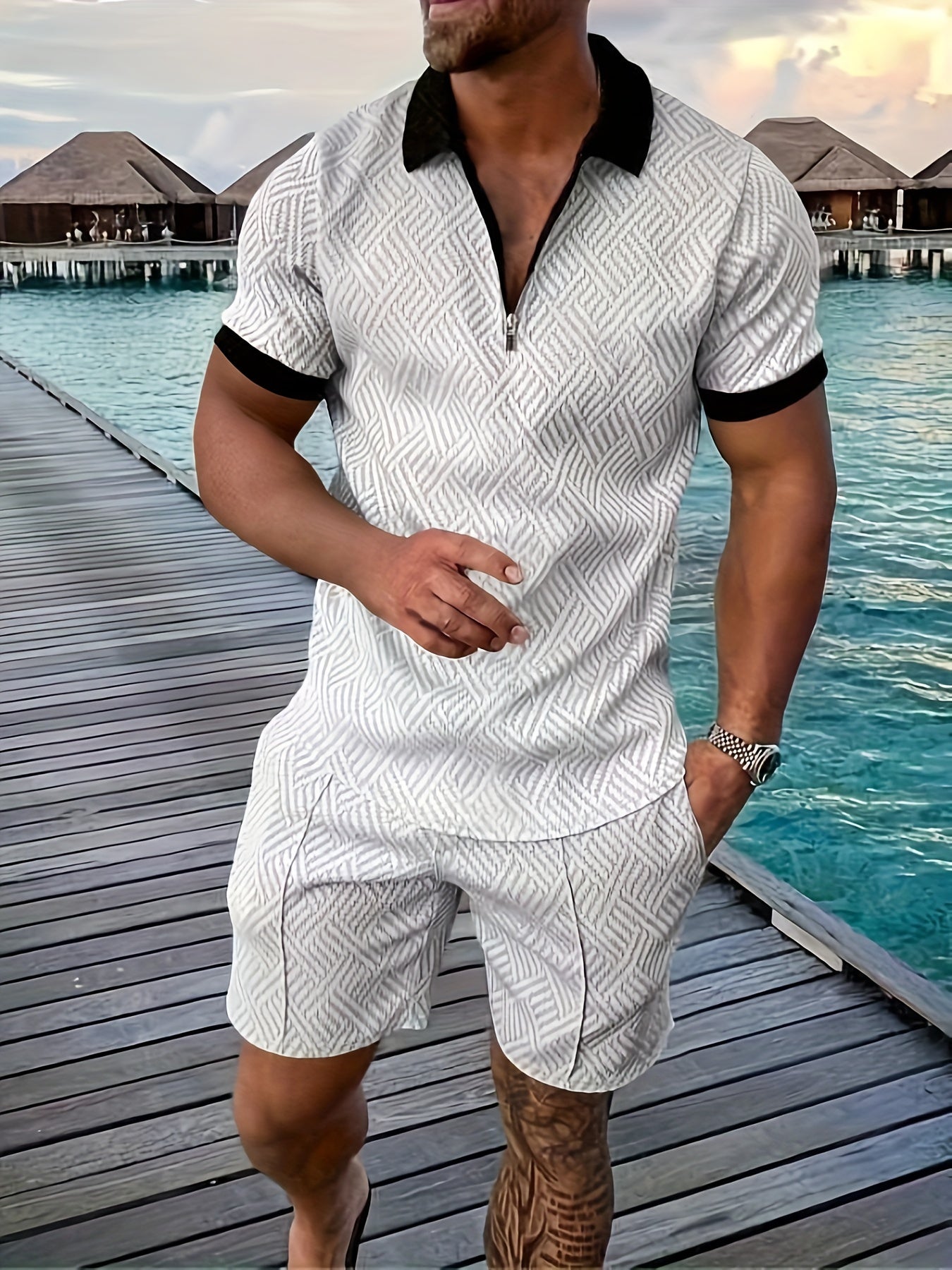 Ensemble polo 1/4 zip texturé pour homme