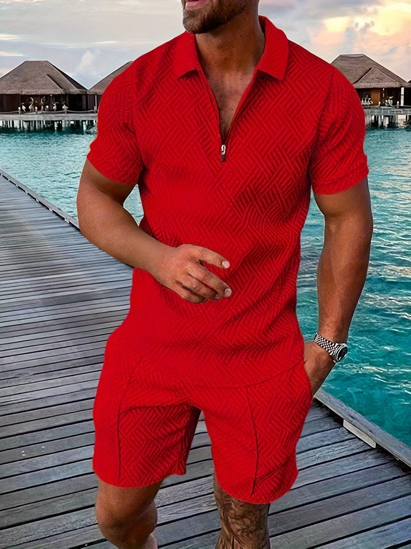 Ensemble polo 1/4 zip texturé pour homme