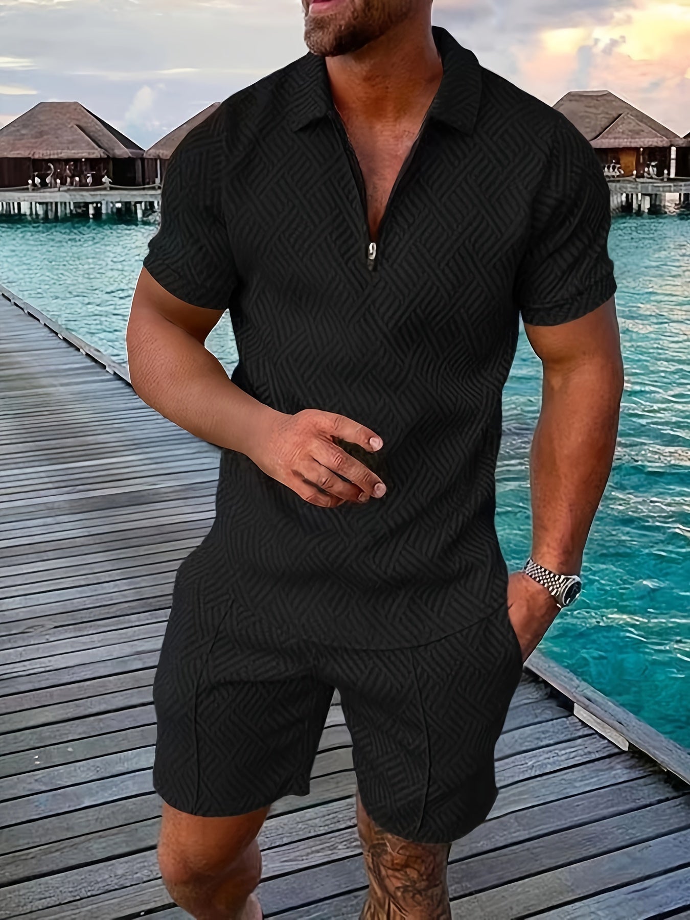 Ensemble polo 1/4 zip texturé pour homme