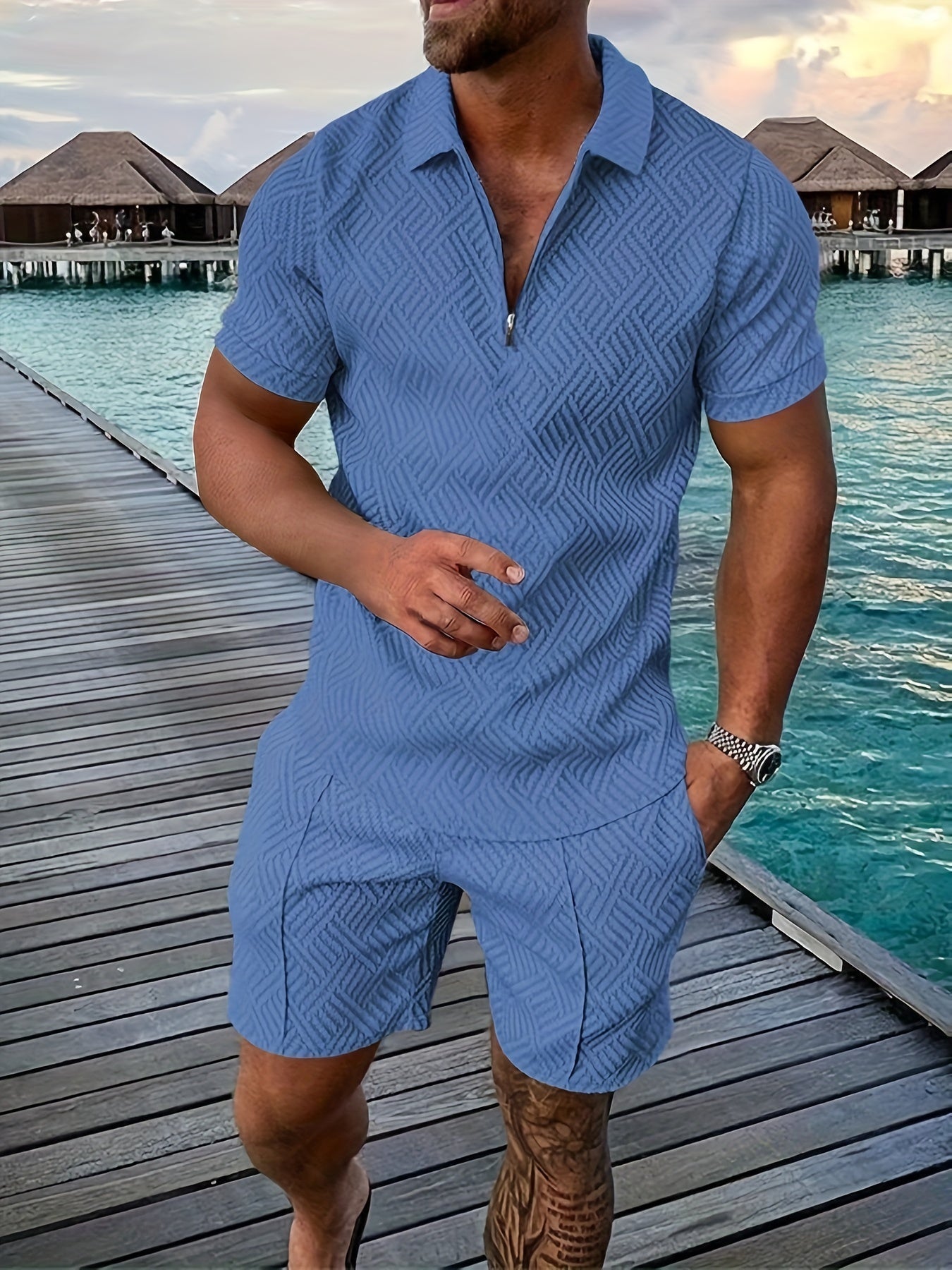 Ensemble polo 1/4 zip texturé pour homme