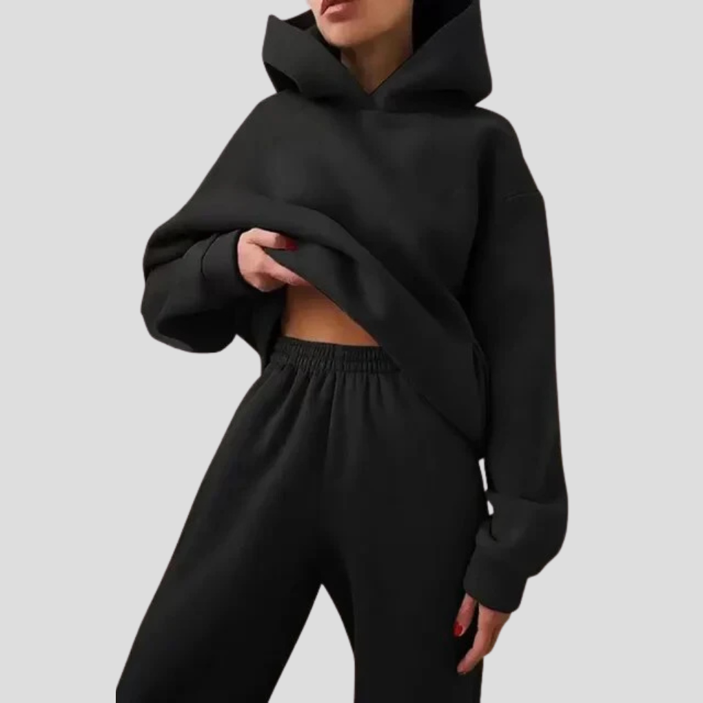 Ensemble sweat à capuche et pantalon jogger femme – tenue d’intérieur d’hiver, coupe décontractée