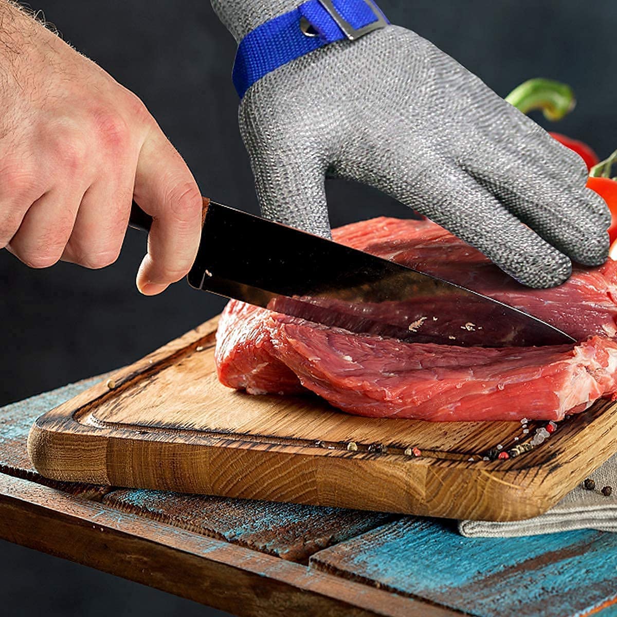 Gant anticoupure en maille d’acier inoxydable, apte au contact alimentaire