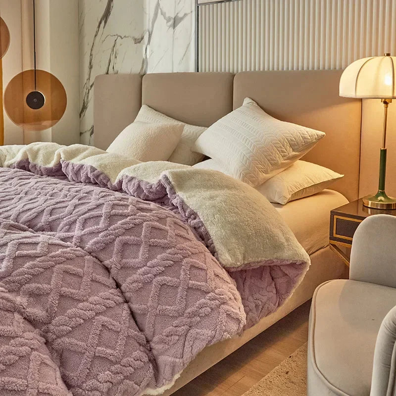 Housse de couette réversible 240x220 luxe avec effet peluche et finition lisse