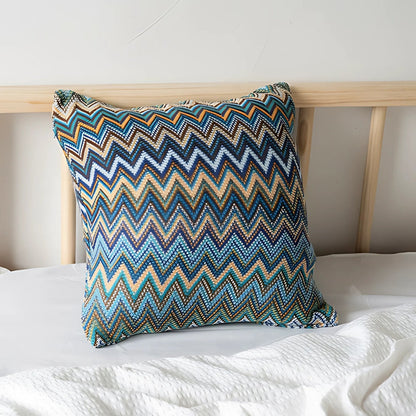 Housse de coussin décoratif bohème en maille à motif zigzag