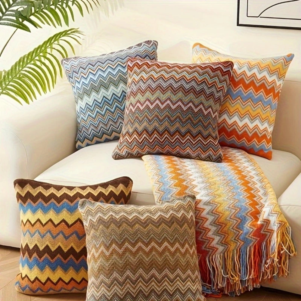 Housse de coussin décoratif bohème en maille à motif zigzag