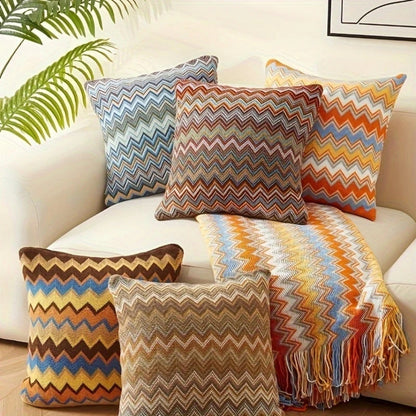 Housse de coussin décoratif bohème en maille à motif zigzag
