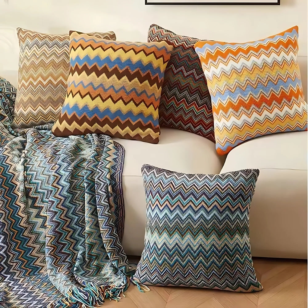Housse de coussin décoratif bohème en maille à motif zigzag