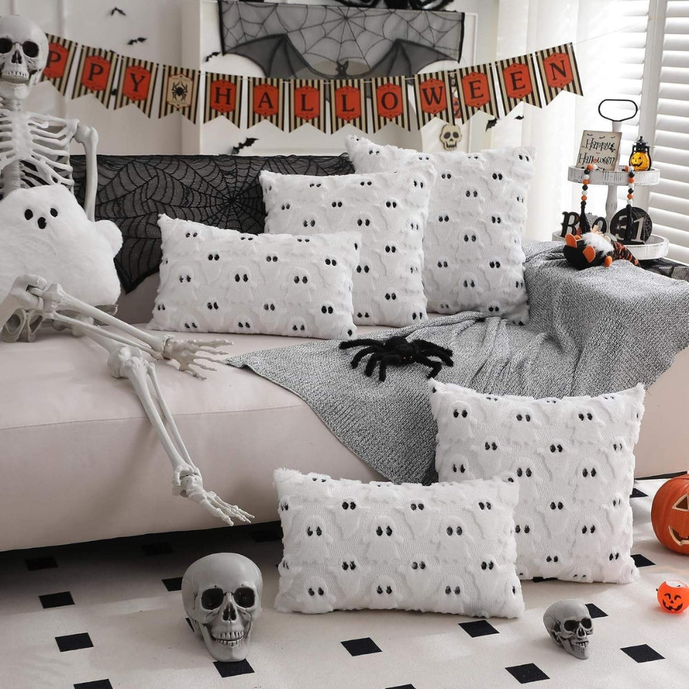 Housse de coussin en peluche Halloween motif fantôme effrayant