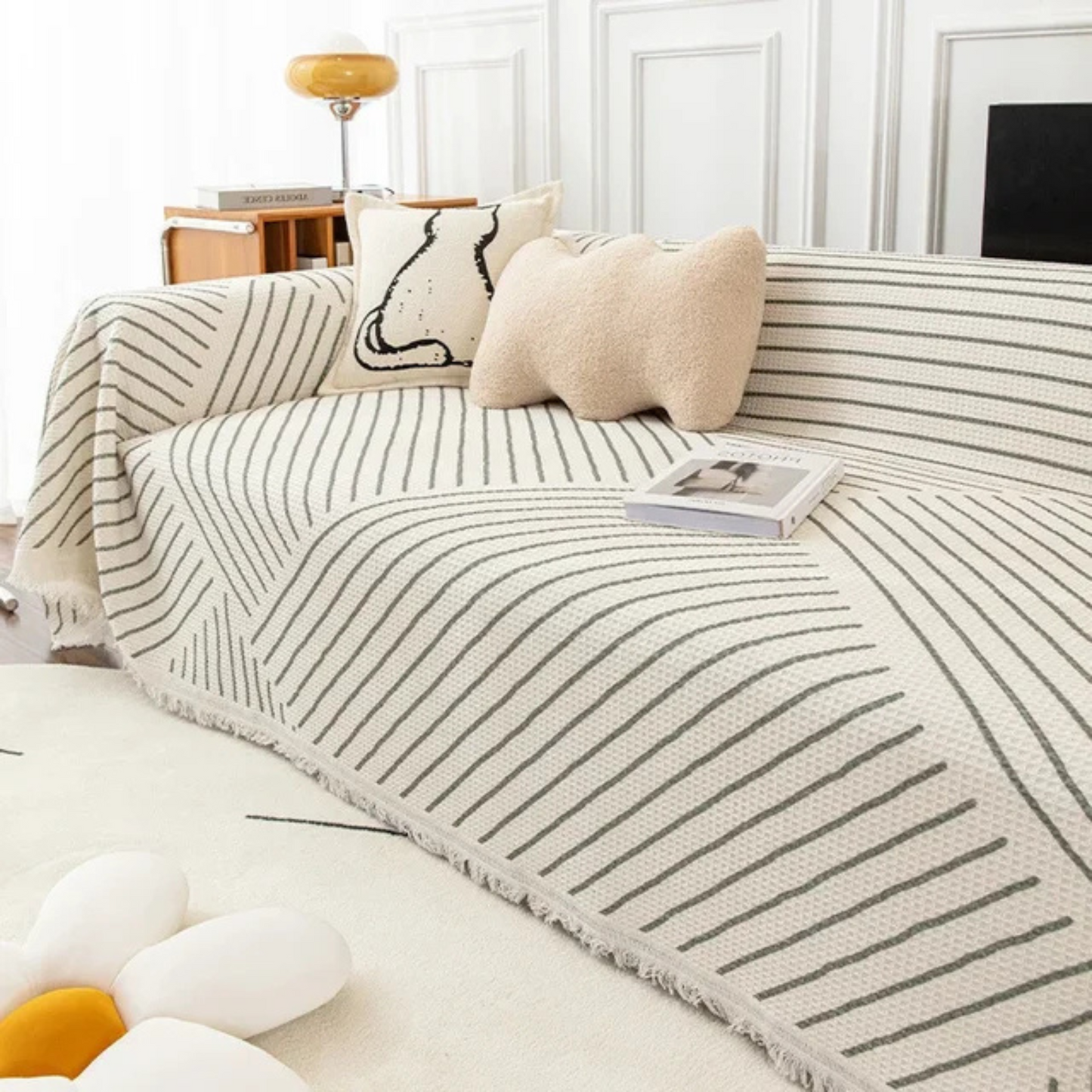 Jeté de canapé style scandinave à bordure frangée