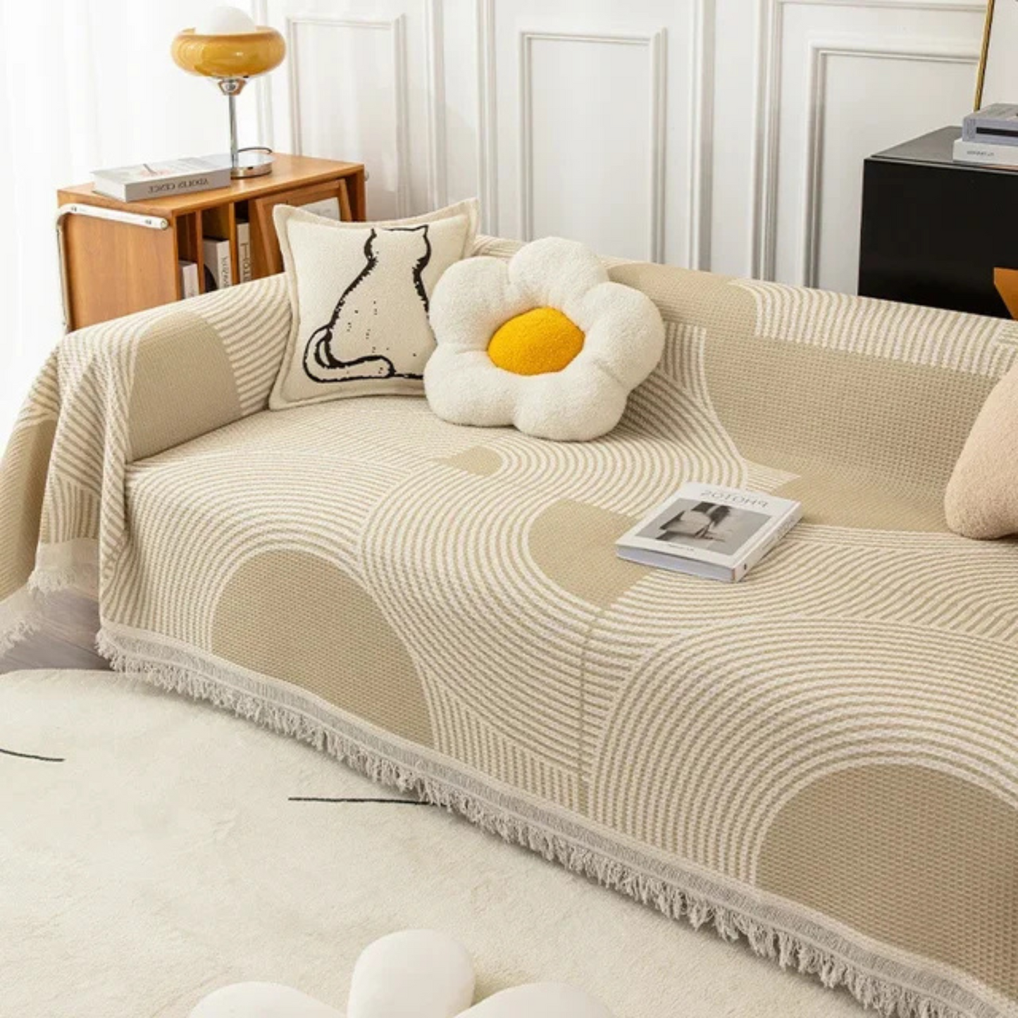Jeté de canapé style scandinave à bordure frangée