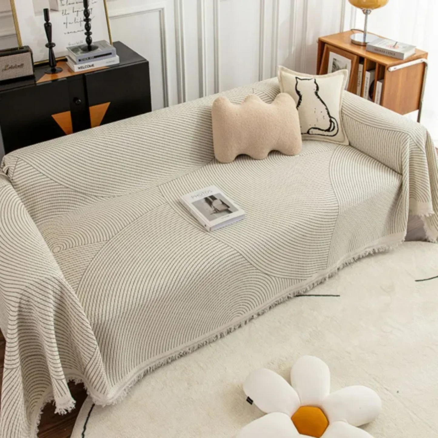 Jeté de canapé style scandinave à bordure frangée