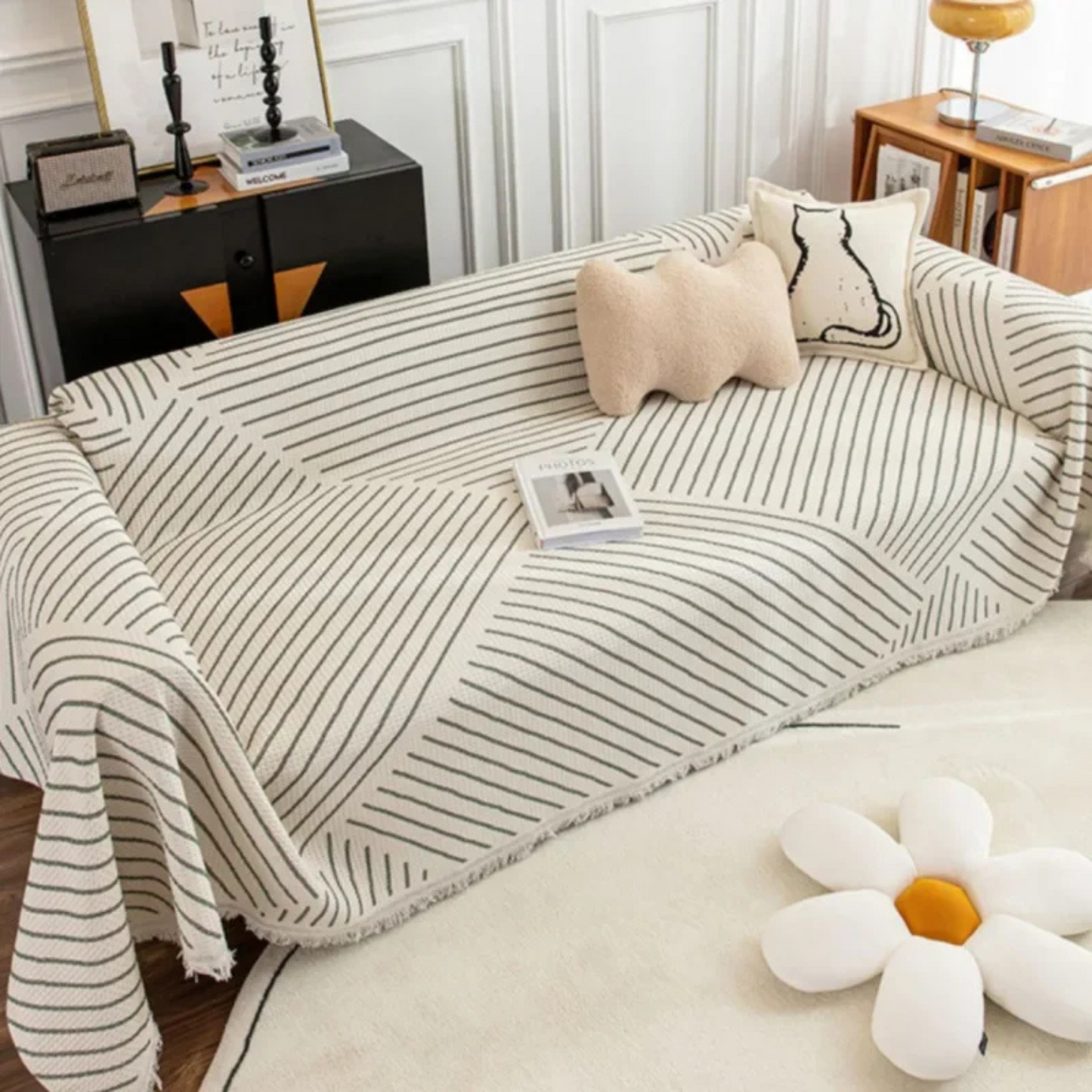 Jeté de canapé style scandinave à bordure frangée