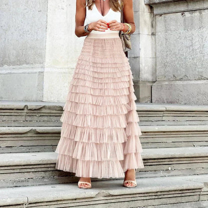 Jupe longue à volants superposés, taille haute, pour femme