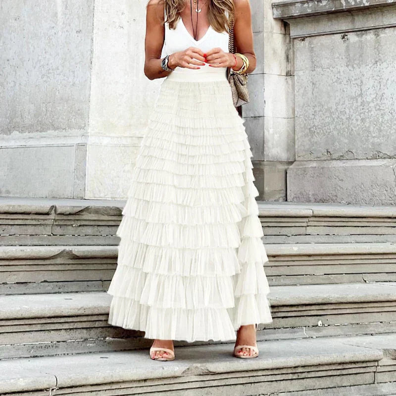 Jupe longue à volants superposés, taille haute, pour femme